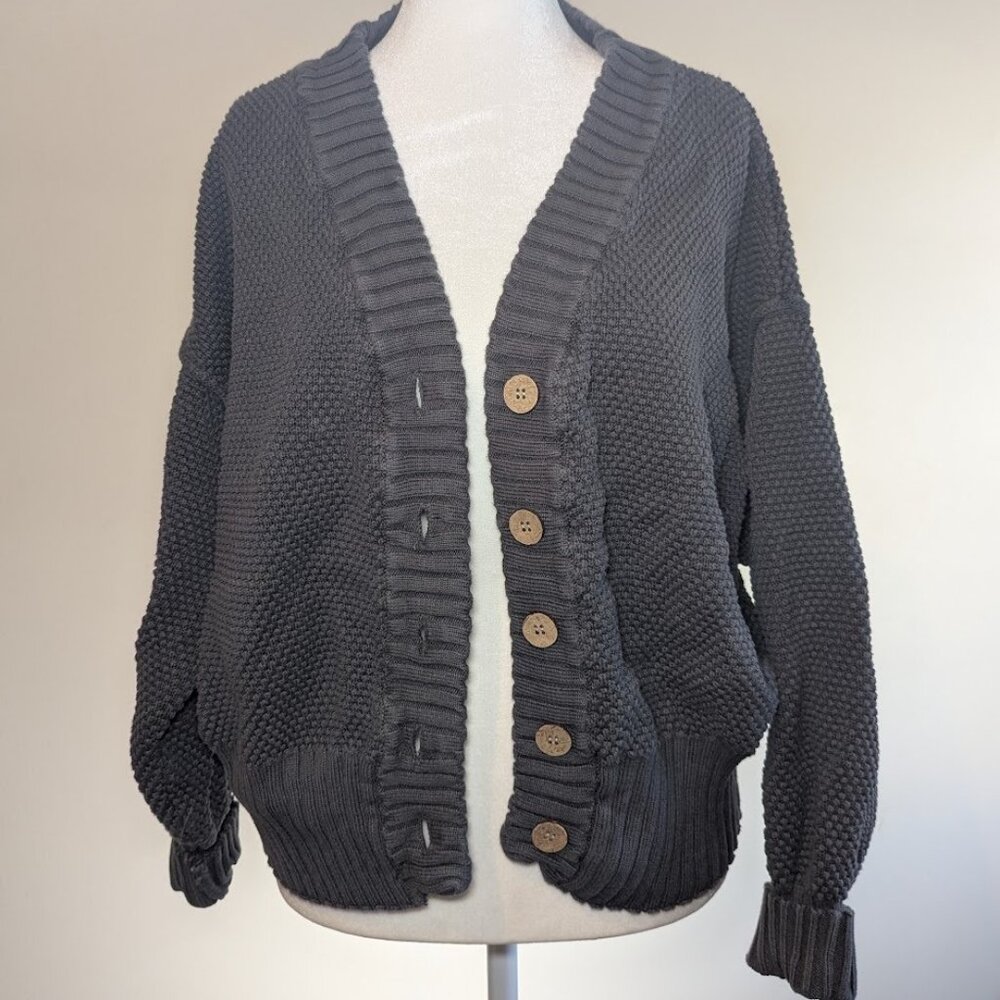 FP Beach Cotton Button-Front Cardigan – Charcoal, Size S/P